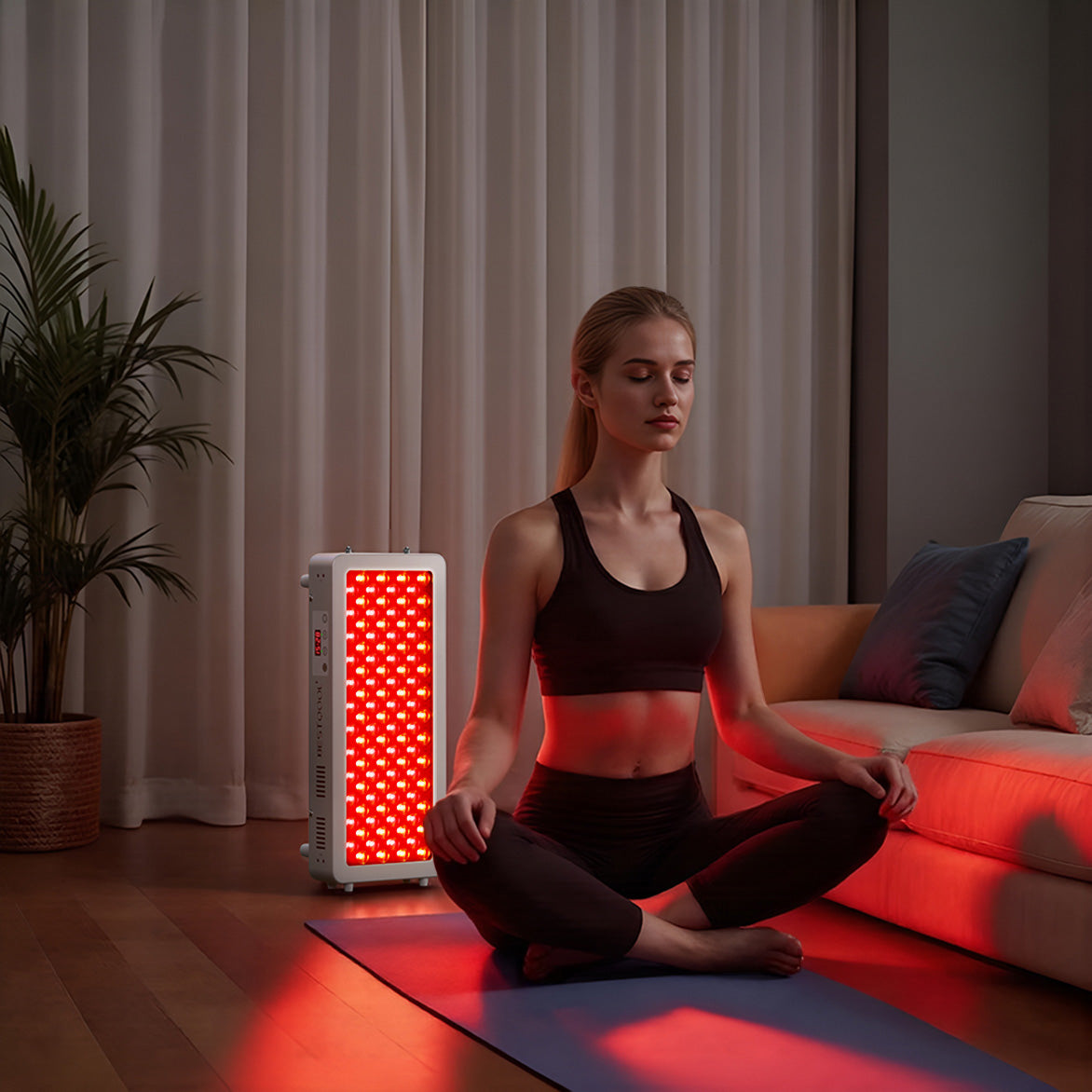 A woman meditating on a yoga mat in a living room, using the BestQool Pro100 red light therapy device.