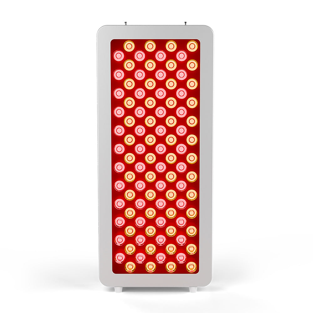 BestQool Half-Body Red Light Therapy Pro100 standing panel with illuminated dual-chip red LEDs and white frame.