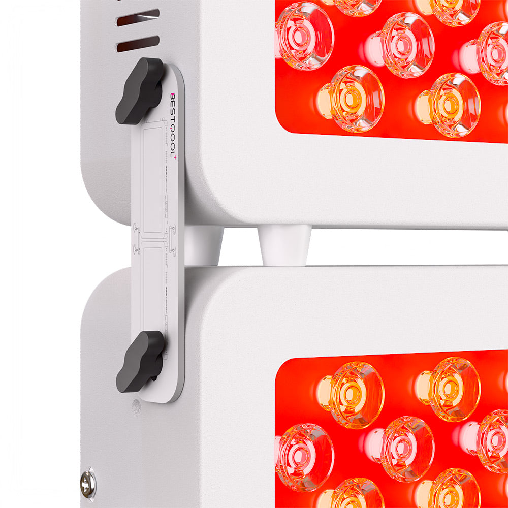BestQool Pro100 modular red light therapy panels connected, with bright, active dual-chip LEDs.