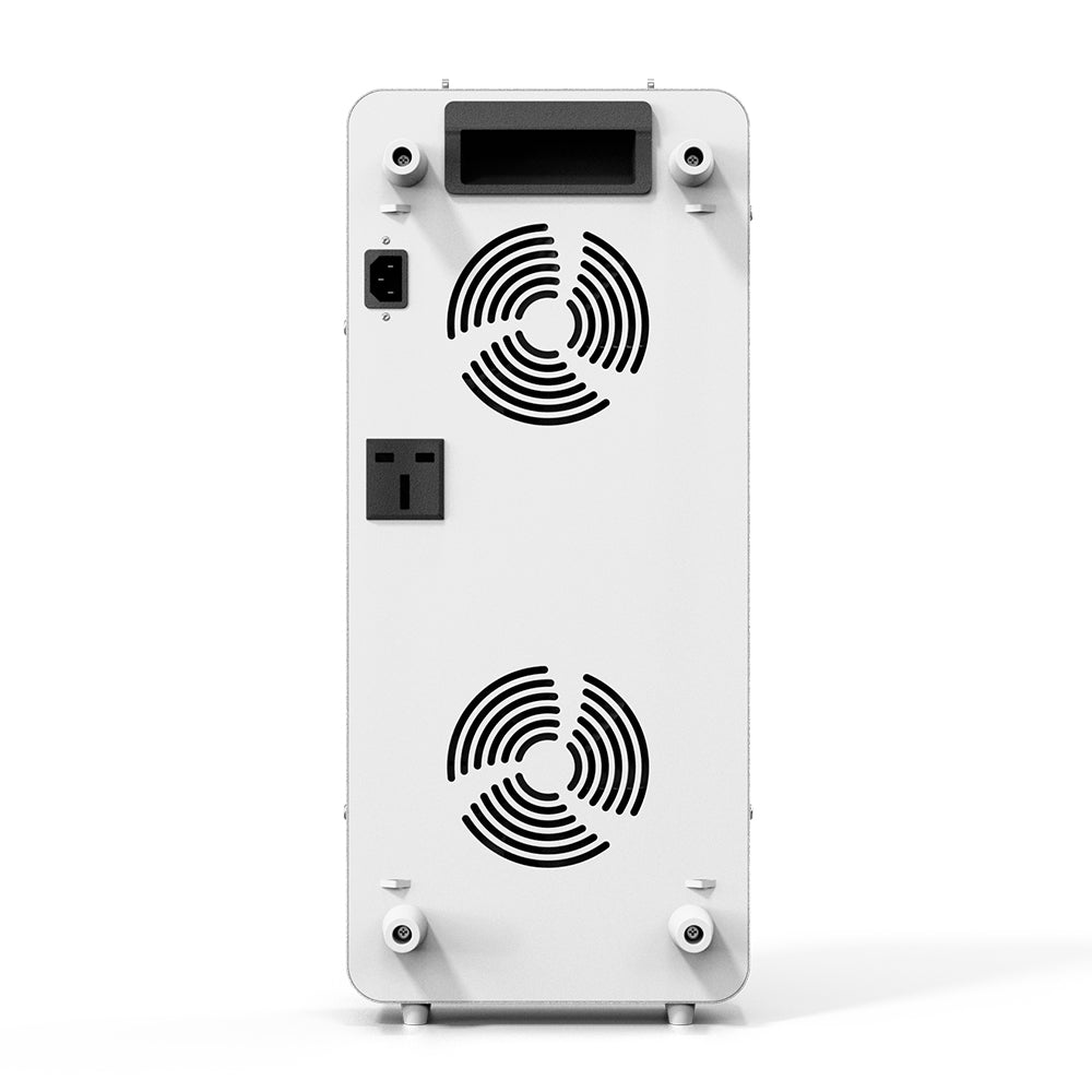 BestQool Pro100 red light therapy device rear view, showing the two cooling fans, power inlet, and switch panel.