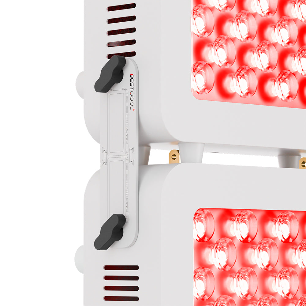 BestQool Pro100 modular red light therapy panels connected, with bright, active dual-chip LEDs.