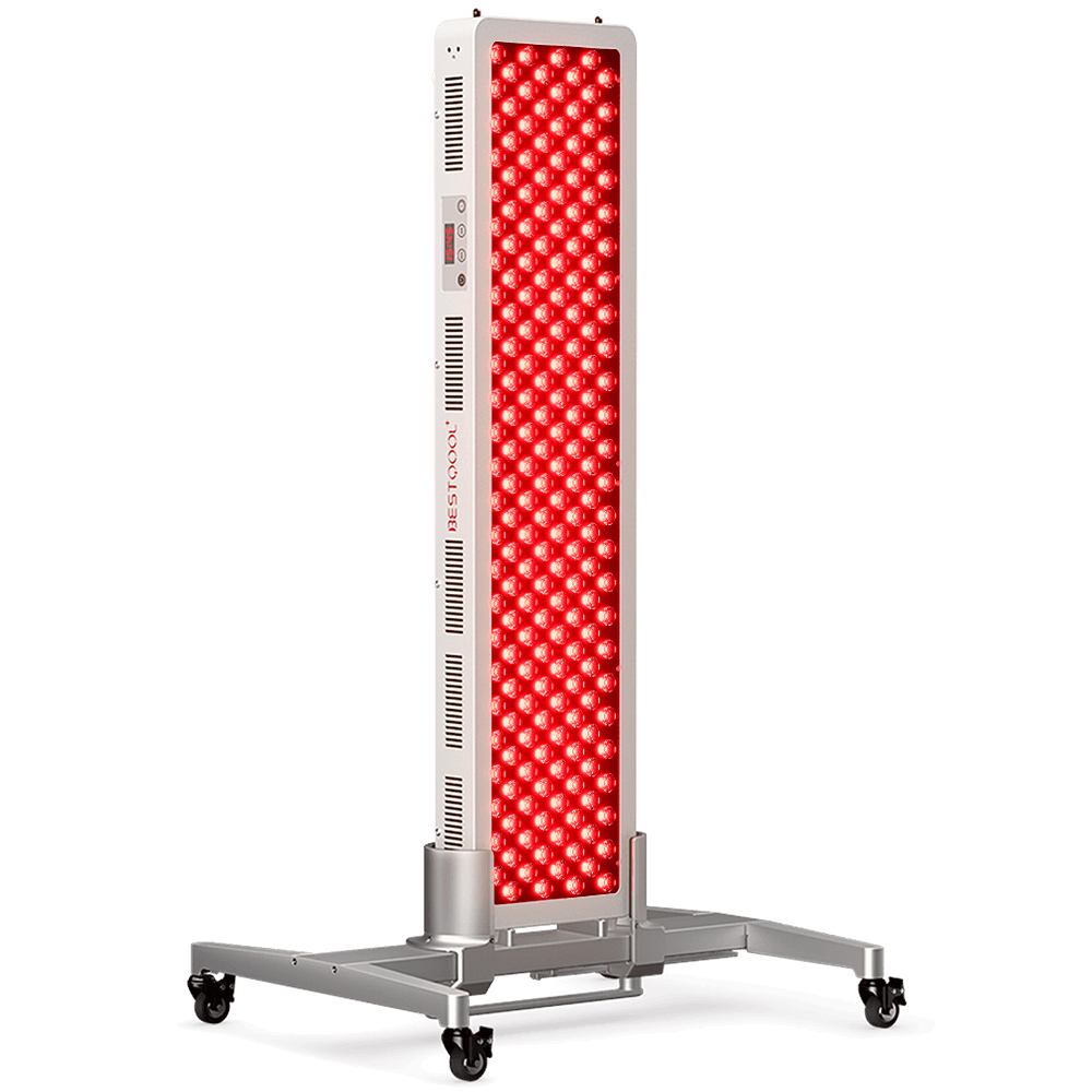 BestQool Pro200 clinical grade red light therapy panel, white, with illuminated dual-chip LEDs and timer on a stand.