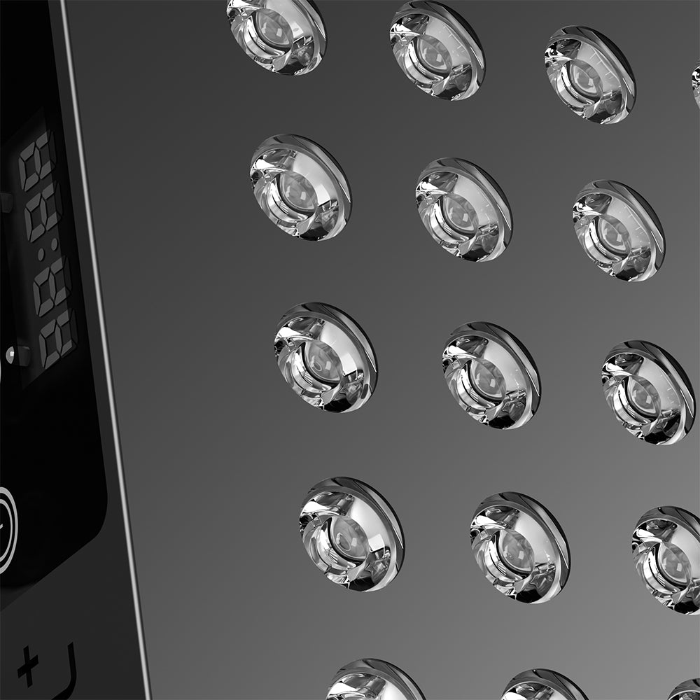 BestQool BQ60 red light therapy panel close-up: dual-chip LEDs with reflective bezels and digital timer.