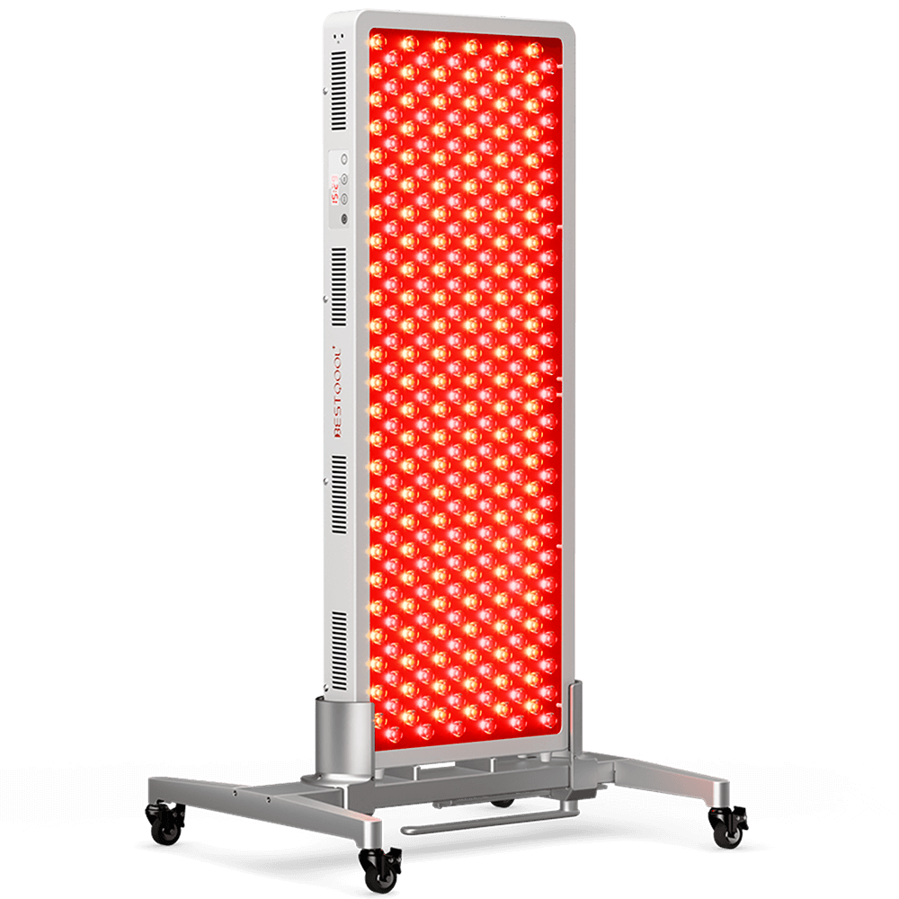 Bestqool Pro300 full-body red light therapy panel, white, with glowing LEDs, on a mobile wheeled stand, and BESTQOOL logo.
