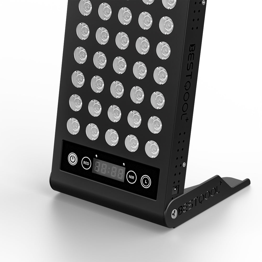 Black BestQool BQ40 portable red light therapy panel with LEDs, digital timer, RED/NIR buttons, and integrated stand.