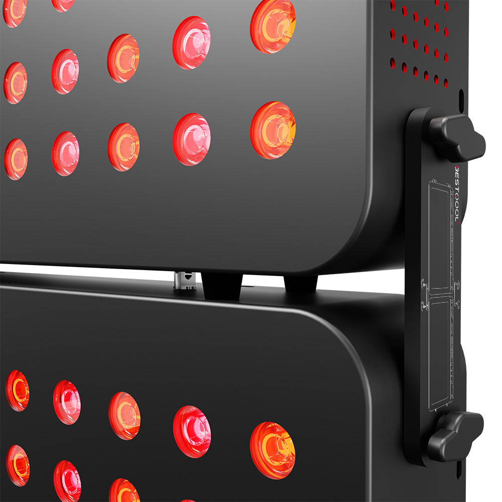 Connected BestQool BQ150 4-wavelength red light therapy panels glowing for muscle recovery.