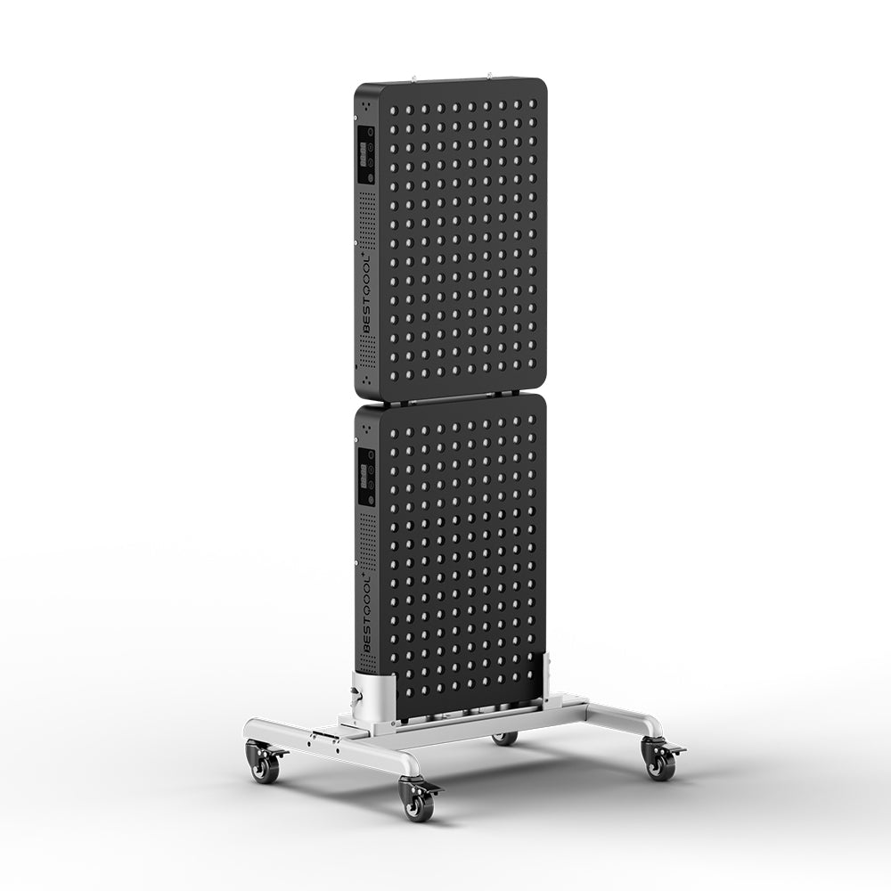 BestQool BQ150 red light therapy panels with 4 wavelengths on a mobile stand for body wellness