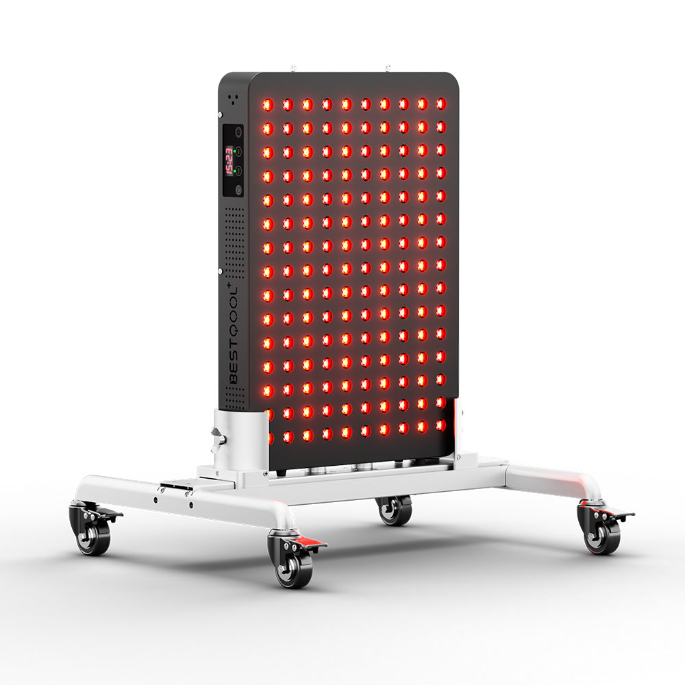 BestQool BQ150 4-wavelength red light therapy panel, glowing on mobile stand, for muscle and skin recovery.