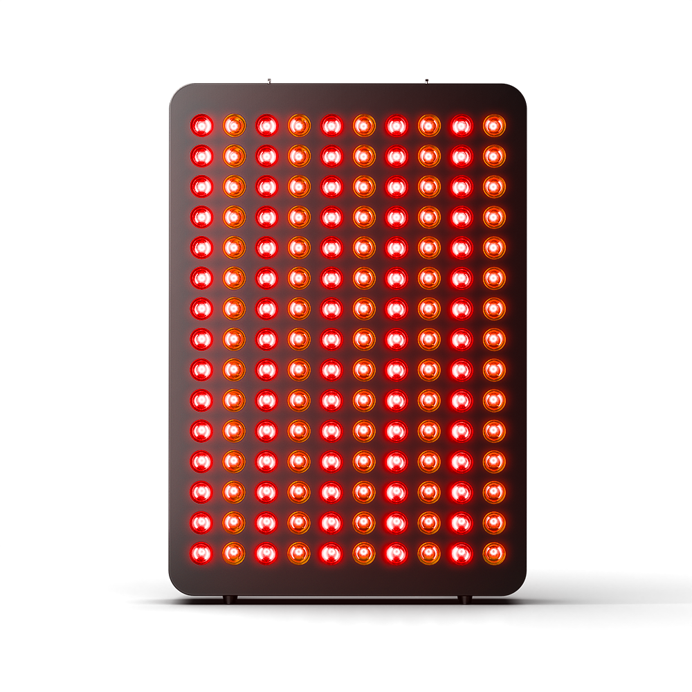 BestQool BQ150 red light therapy panel, black, with glowing dual-chip red and NIR LEDs for recovery