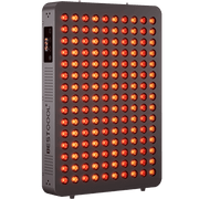 BestQool BQ150 red light therapy panel, black, with glowing red and near-infrared LEDs, digital timer 25:46
