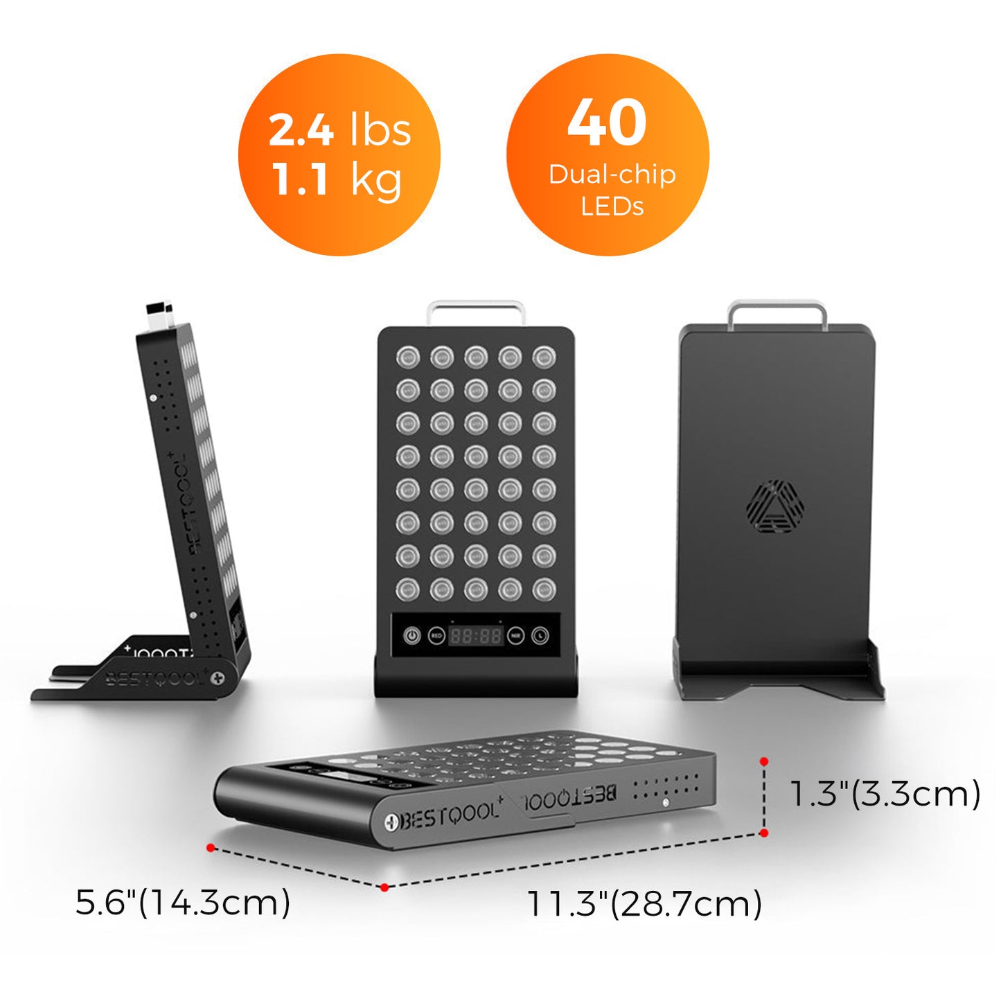 BestQool BQ40 portable red light therapy device, black, with 40 dual-chip LEDs and a built-in stand.