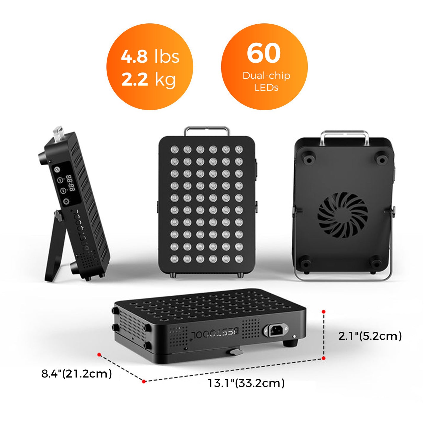 BestQool BQ60 Red Light Therapy panel with 60 high-power dual-chip LEDs, digital timer, 4.8 lbs, dimensions.