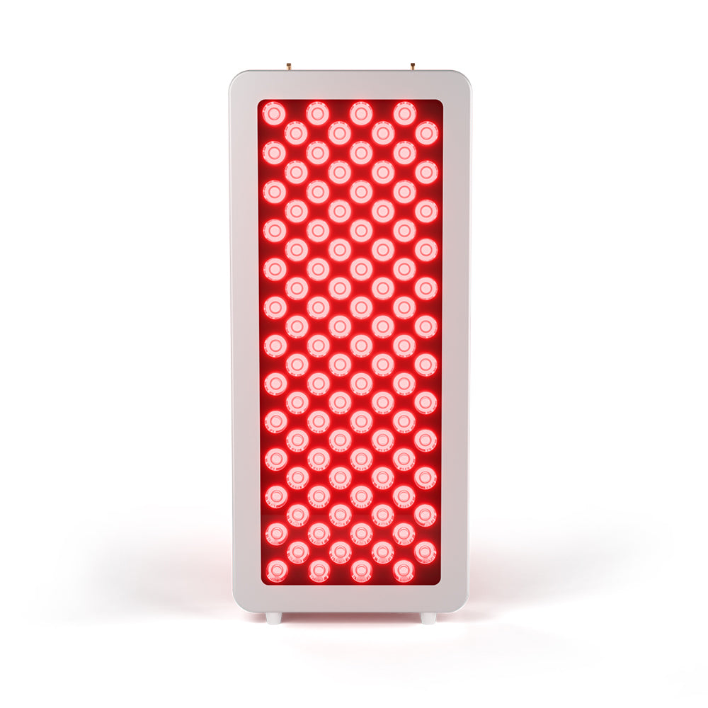 BestQool Half-Body Red Light Therapy Pro100 standing panel with illuminated dual-chip red LEDs and white frame.