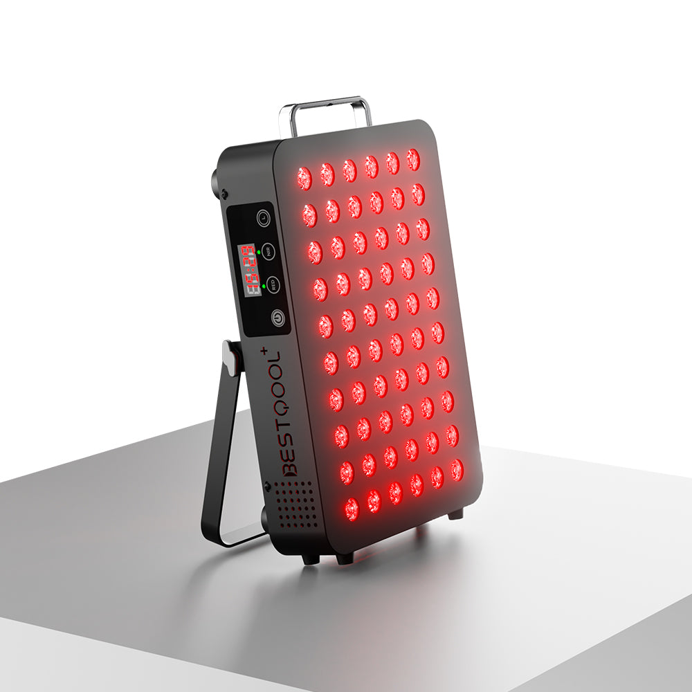 BestQool BQ60 red light therapy panel, black, glowing dual-chip LEDs and smart digital timer.