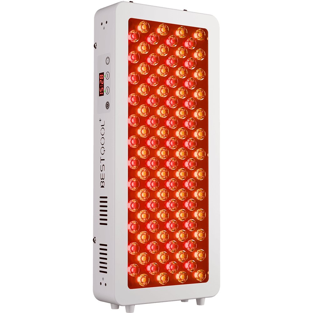 BestQool Half-Body Red Light Therapy Pro100, medical-grade freestanding device with glowing red LEDs & digital timer.