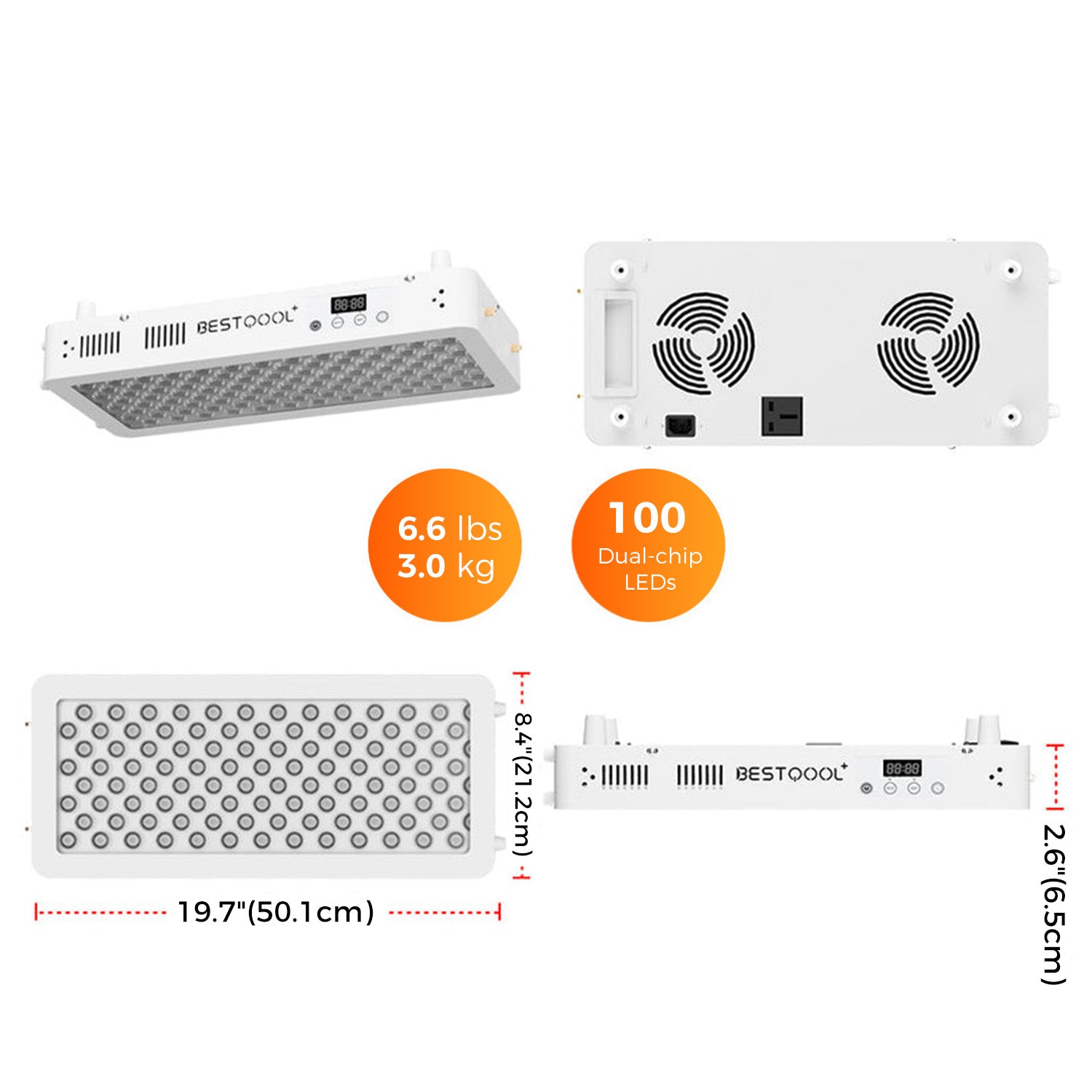BestQool Half-Body Red Light Therapy Pro100 device, white, featuring 100 dual-chip LEDs, digital timer, and cooling fans.
