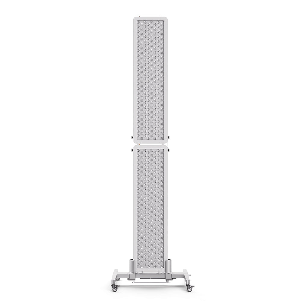 BestQool multi-unit red light therapy system, two white stacked panels with LEDs on a mobile stand for full-body at-home use.