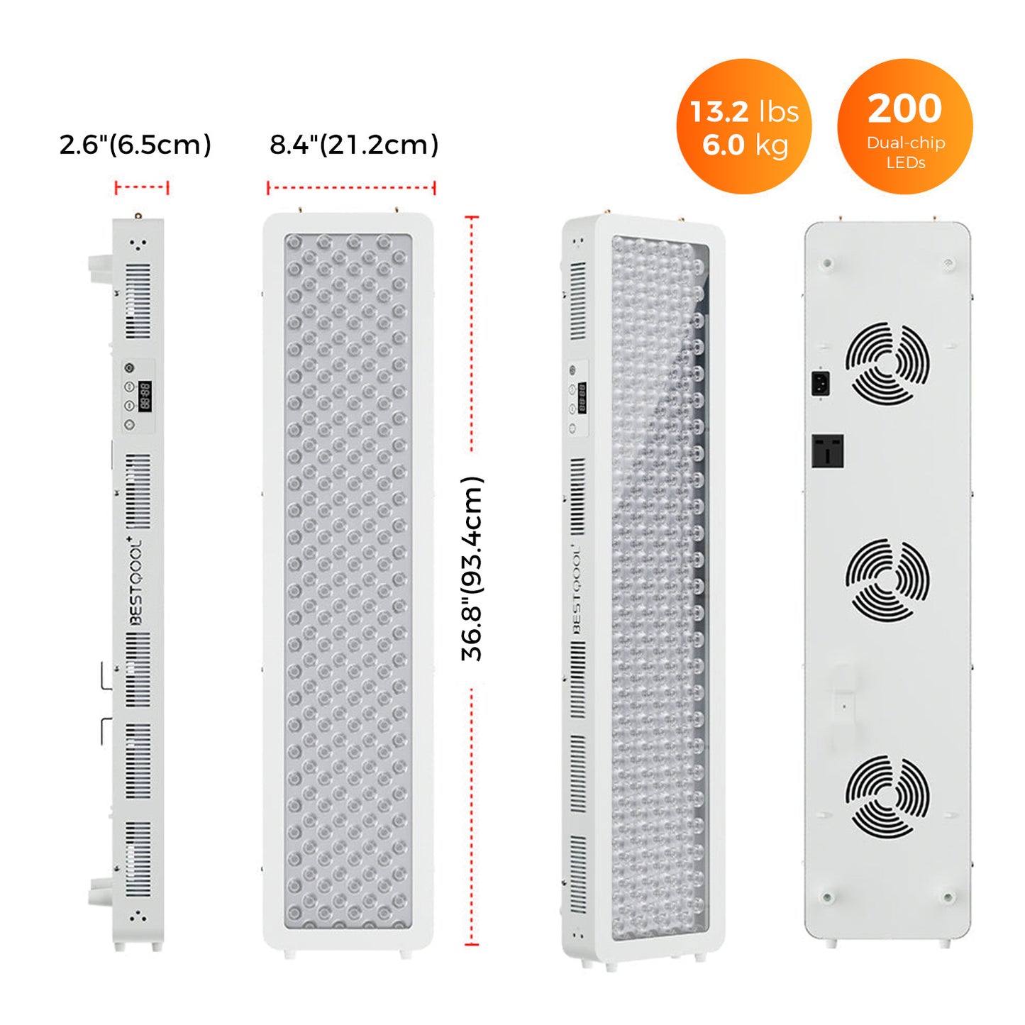White BestQool Pro200 red light therapy panel shown from multiple angles, highlighting 200 dual-chip LEDs and dimensions.
