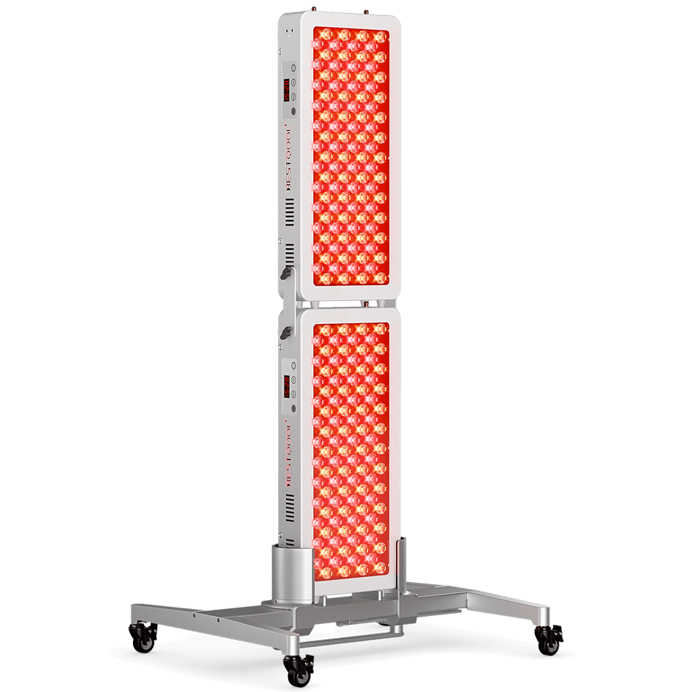 BestQool multi-unit red light therapy system: two stacked panels on a mobile stand for full-body home use.
