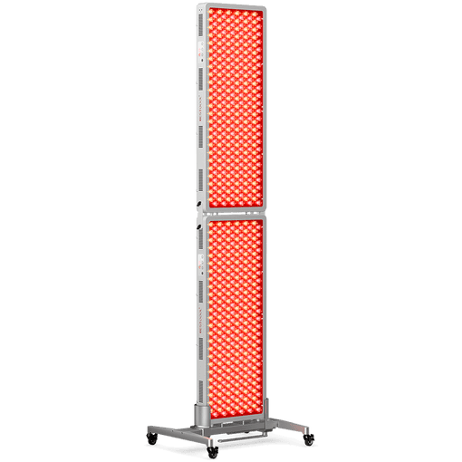 BestQool multi-unit red light therapy setup: two stacked panels on a wheeled stand for full-body at-home treatment.