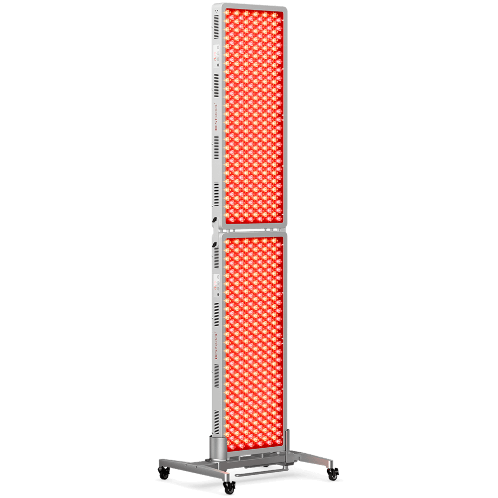 BestQool multi-unit red light therapy setup: two stacked panels on a wheeled stand for full-body at-home treatment.