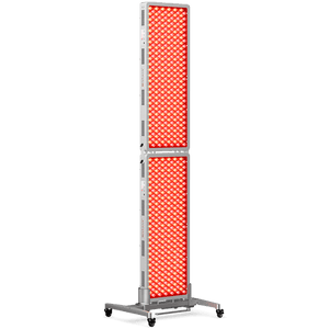 BestQool multi-unit red light therapy setup: two stacked panels on a wheeled stand for full-body at-home treatment.