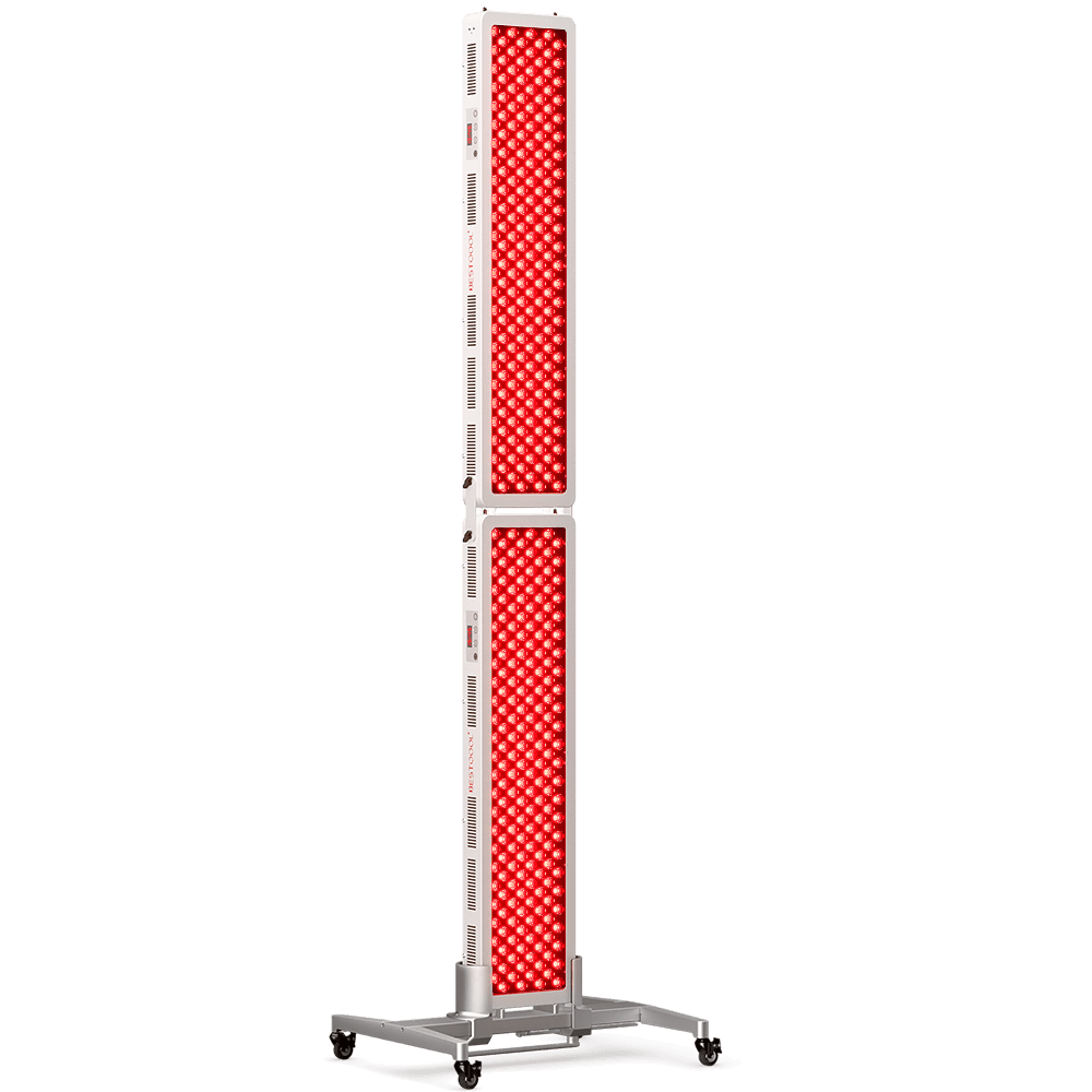 BestQool full-body red light therapy device featuring two stacked panels on a mobile silver stand for home use.