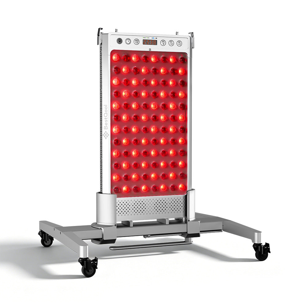 Freestanding BestQool IPX6 smart waterproof sauna red light panel on a rolling stand.
