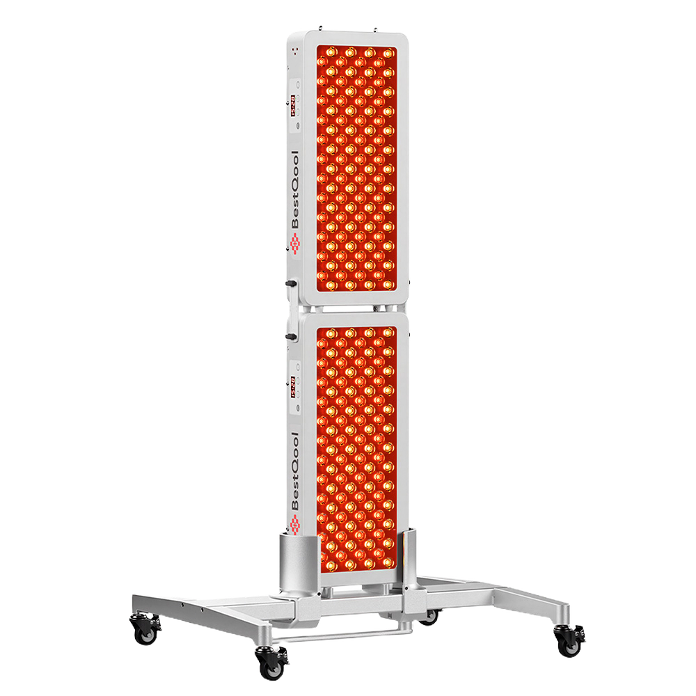 Bestqool full-body red light therapy device featuring two stacked panels mounted vertically on a heavy-duty wheeled base.