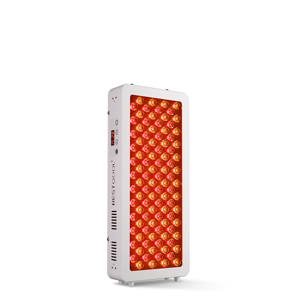 BestQool Half-Body Red Light Therapy Pro100, medical-grade freestanding device with glowing red LEDs & digital timer.