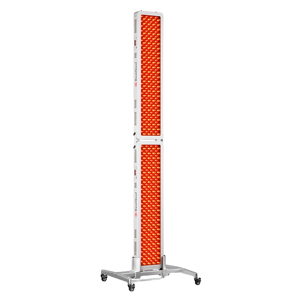 Bestqool multi-unit red light therapy setup with two stacked panels on wheeled stand