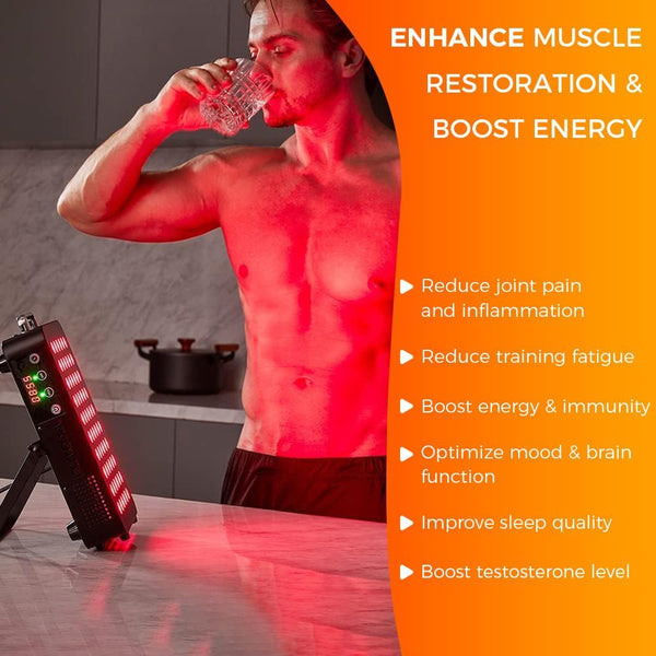 Red light therapy panel with man drinking water, showing muscle recovery and energy benefits
