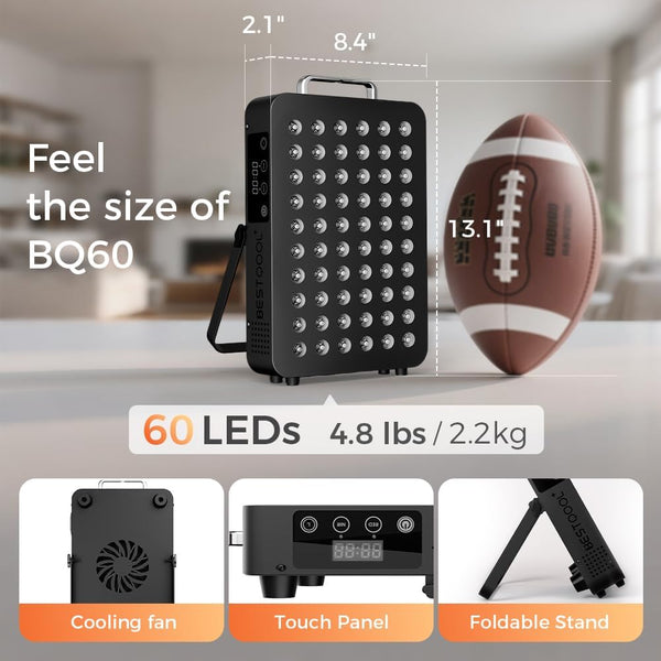 Black BestQool BQ60 red light therapy panel, 60 LEDs, touch panel, folding stand, cooling fan