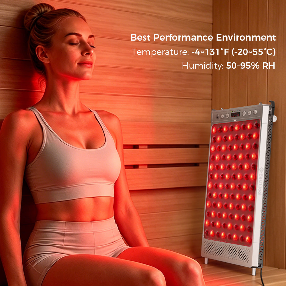 Woman in a wooden sauna with a BestQool red light therapy panel built for 131°F heat and 95% humidity.