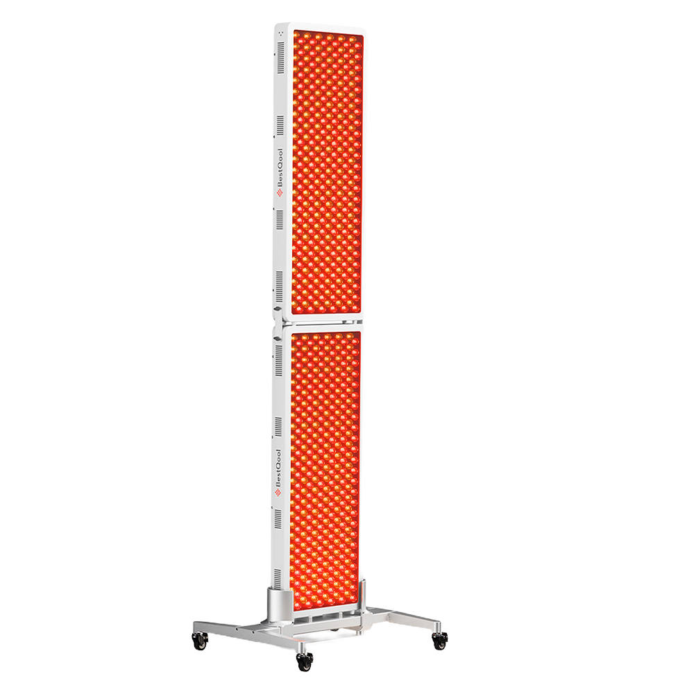 Bestqool multi-unit red light therapy setup with two tall LED panels on wheeled base