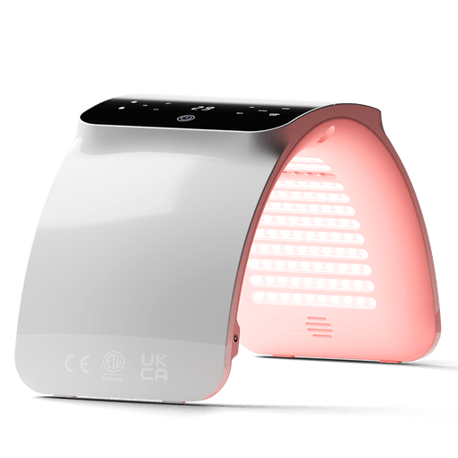BestQool white and gray 7 Color Photon LED Light Therapy device, emitting rainbow light for home beauty treatments.