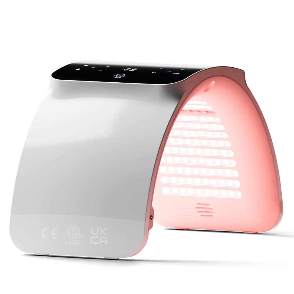 BestQool white and gray 7 Color Photon LED Light Therapy device, emitting rainbow light for home beauty treatments.