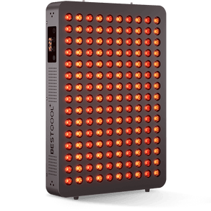 BestQool BQ150 red light therapy panel, black, with glowing red and near-infrared LEDs, digital timer 25:46
