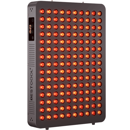 BestQool BQ150 red light therapy panel, black, with glowing red and near-infrared LEDs, digital timer 25:46