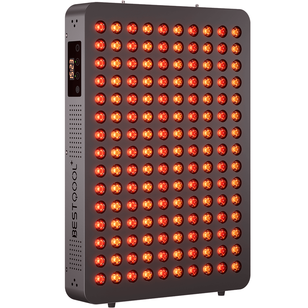 BestQool BQ150 red light therapy panel, black, with glowing red and near-infrared LEDs, digital timer 25:46