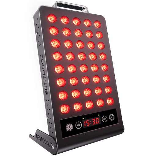 BestQool portable red light therapy panel with 40 660nm 850nm LEDs and digital timer for face, body, skin health, recovery.