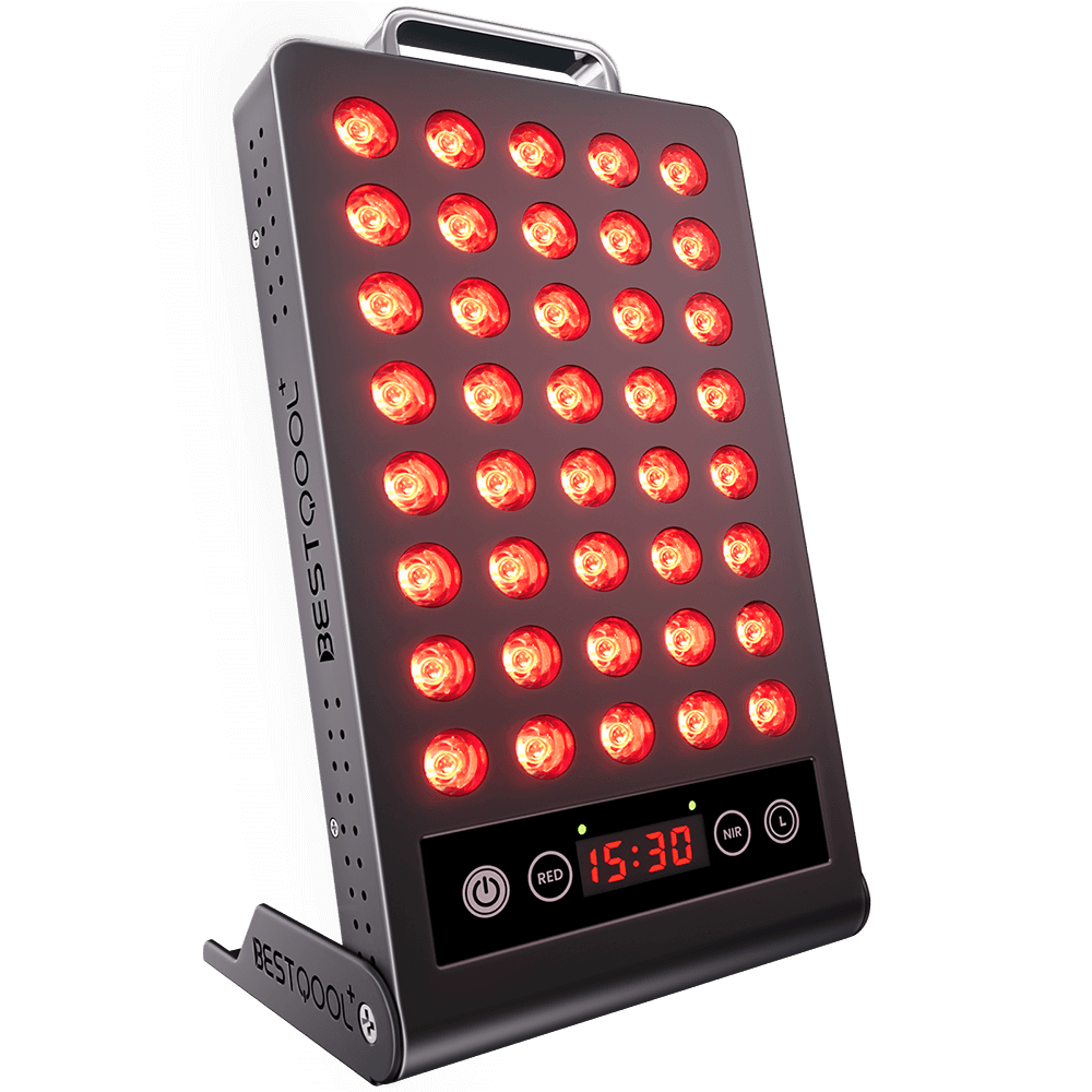 BestQool portable red light therapy panel with 40 660nm 850nm LEDs and digital timer for face, body, skin health, recovery.