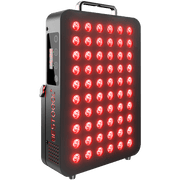 BestQool BQ60 Red Light Therapy panel with glowing dual-chip LEDs, smart digital timer, and metal handle.