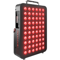 BestQool BQ60 Red Light Therapy panel with glowing dual-chip LEDs, smart digital timer, and metal handle.