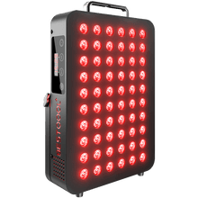 BestQool BQ60 Red Light Therapy panel with glowing dual-chip LEDs, smart digital timer, and metal handle.