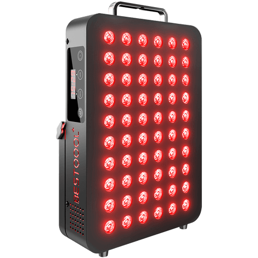 BestQool BQ60 Red Light Therapy panel with glowing dual-chip LEDs, smart digital timer, and metal handle.