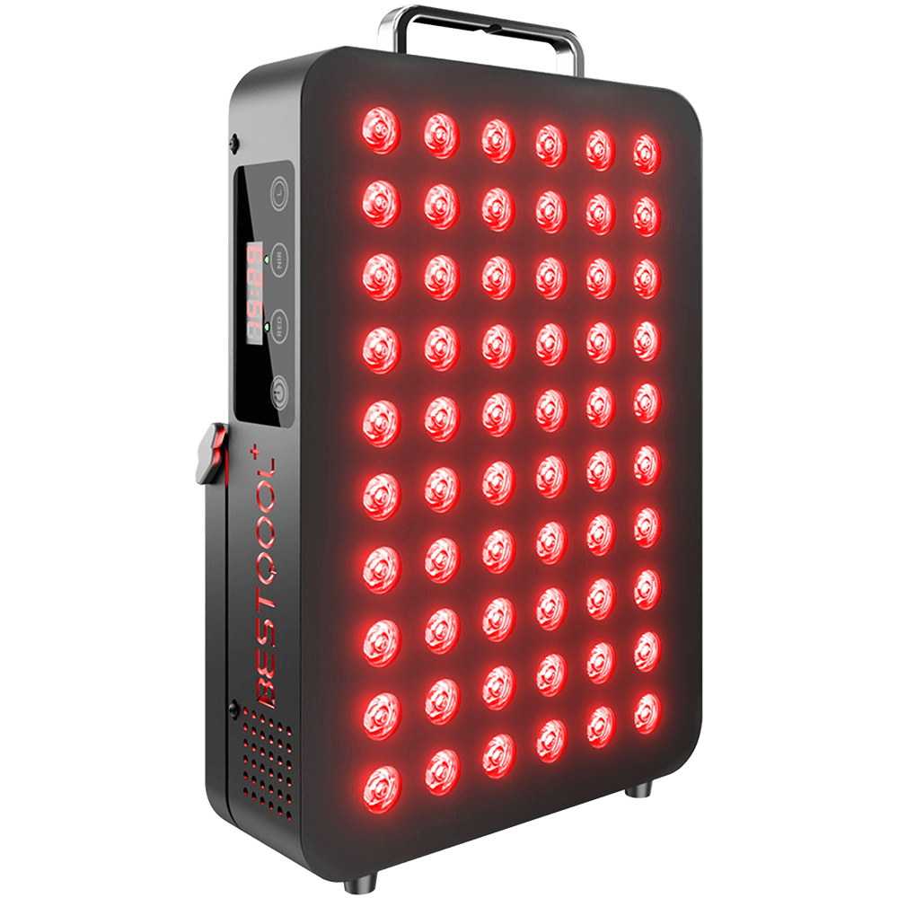 BestQool BQ60 Red Light Therapy panel with glowing dual-chip LEDs, smart digital timer, and metal handle.