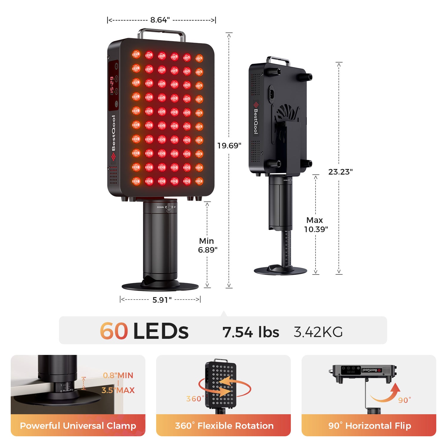 BestQool BQ60Pro 6-wavelength red light therapy device. Features a powerful universal clamp, 360-degree rotation, and 90-degree flip, along with its dimensions and weight.