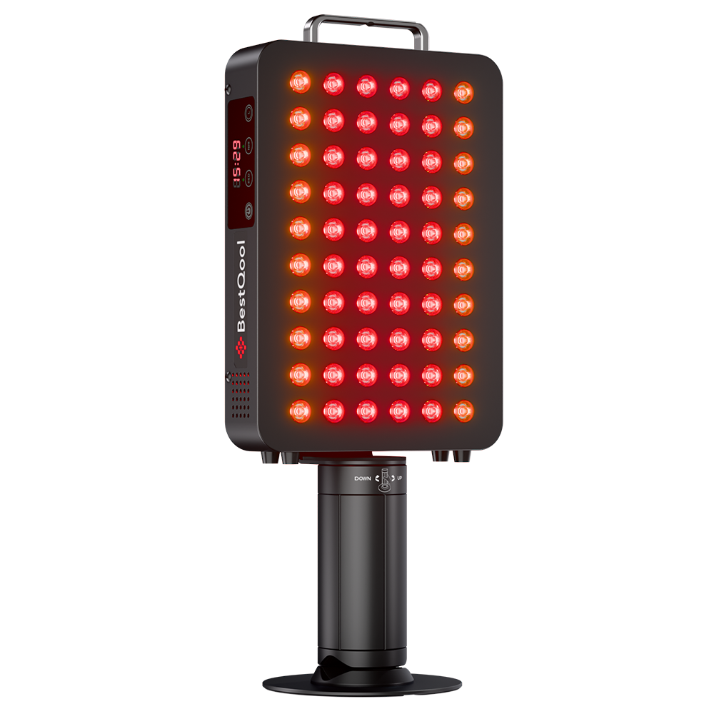BestQool BQ60Pro Clamp Type 6-Wavelength Red Light Therapy device with timer display and adjustable stand.