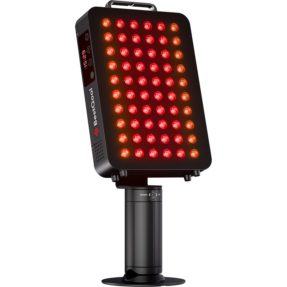 BestQool BQ60Pro Clamp Type 6-Wavelength Red Light Therapy device with its light panel tilted upwards, showing the timer display and adjustable stand.